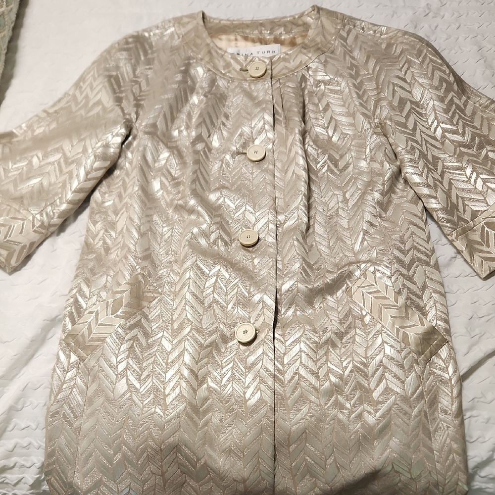Trina Turk Silver Sparkle Metallic & Creme Party Coat Jacket Women's 12